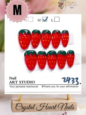 Strawberry Press-On Nails | Red Fruit Nail Art & Green Tips